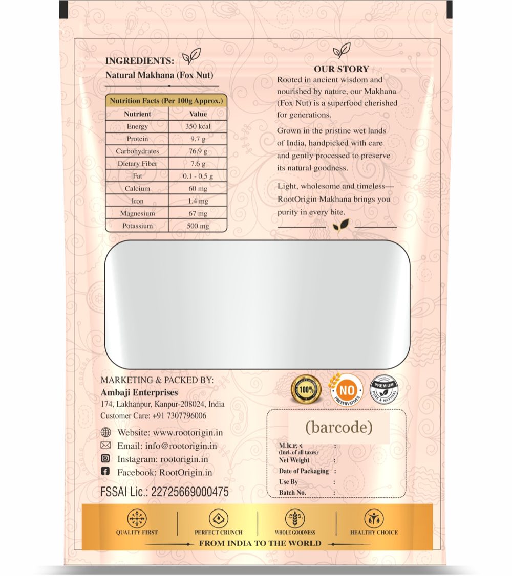 RootOrigin Premium Raw Makhana — back, nutrition & info