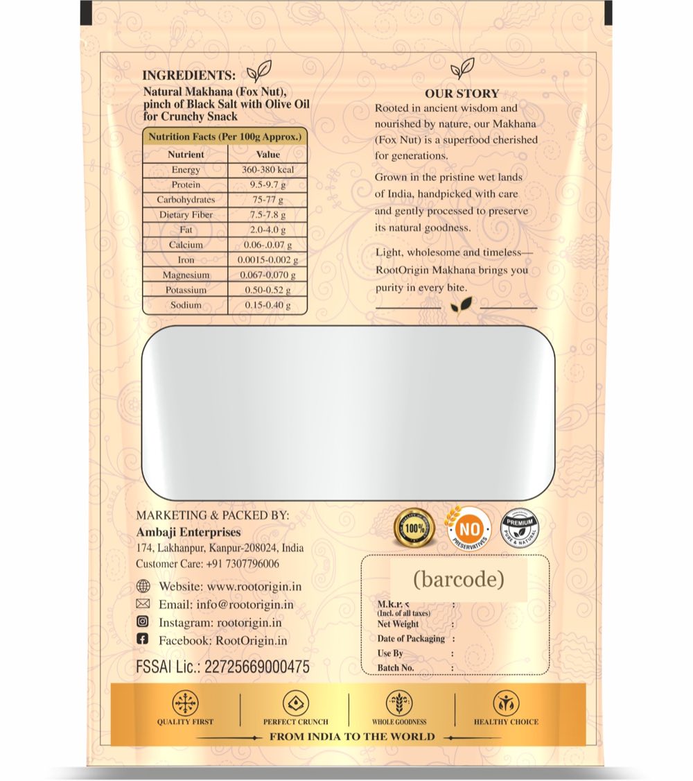 RootOrigin Lightly Salted Makhana — back, nutrition & info